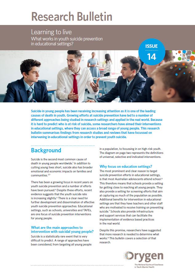 Learning to live: what works in youth suicide prevention in educational settings?